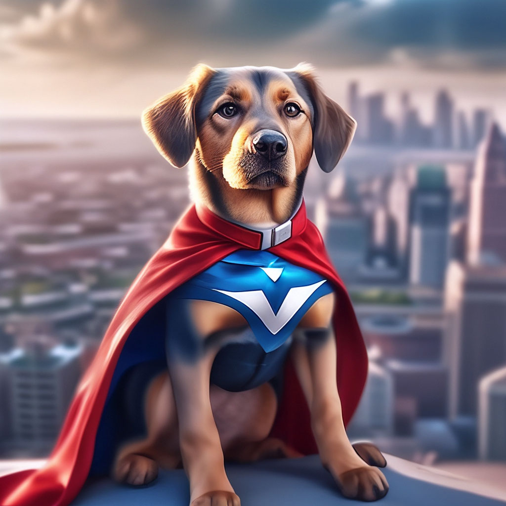 "Proud dog sitting in a superhero costume on the background of the city ...