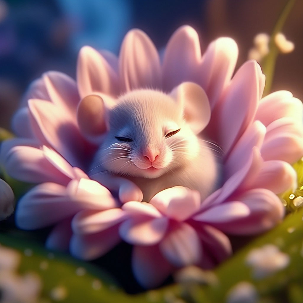 "A cute little fluffy mouse sleeps in a flower, beautiful, high ...
