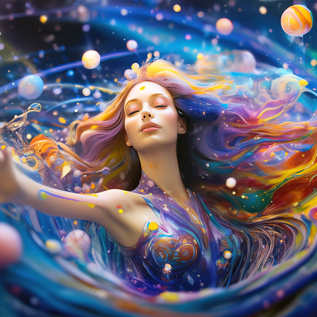 "A magical cosmic goddess in a whirlpool of acrylic paints and cosmic ...