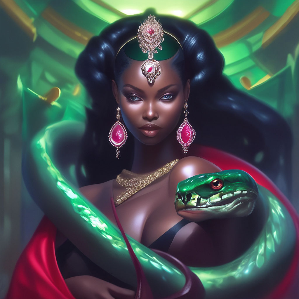 "A dazzling black goddess with emerald eyes is doused by a snake with ...
