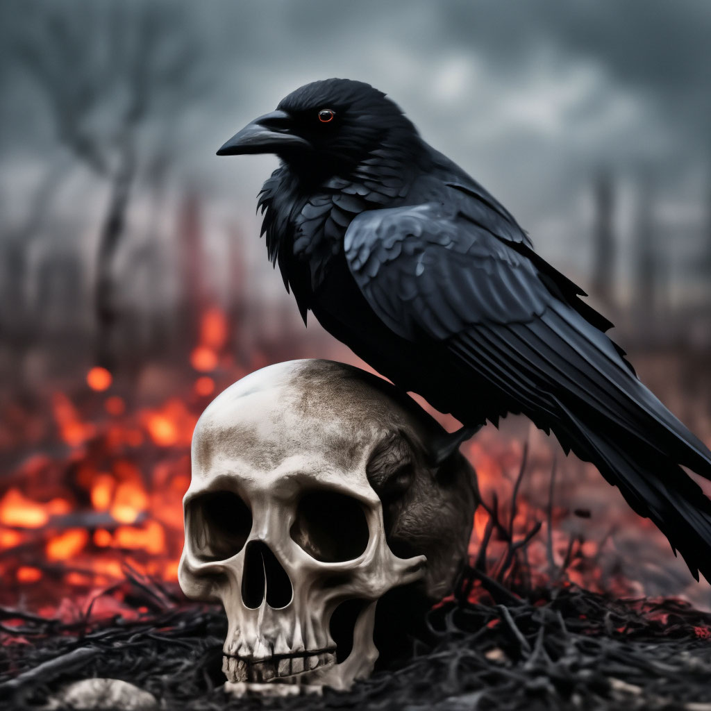 "A black raven with red eyes sits on a skull on a burnt-out field in ...