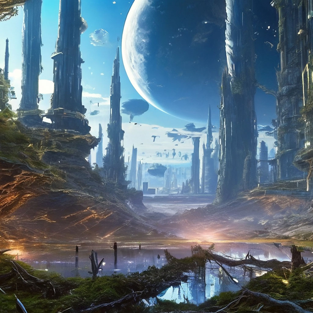 "Epic, space,abandoned alien city overgrown with rotten roots destroyed ...