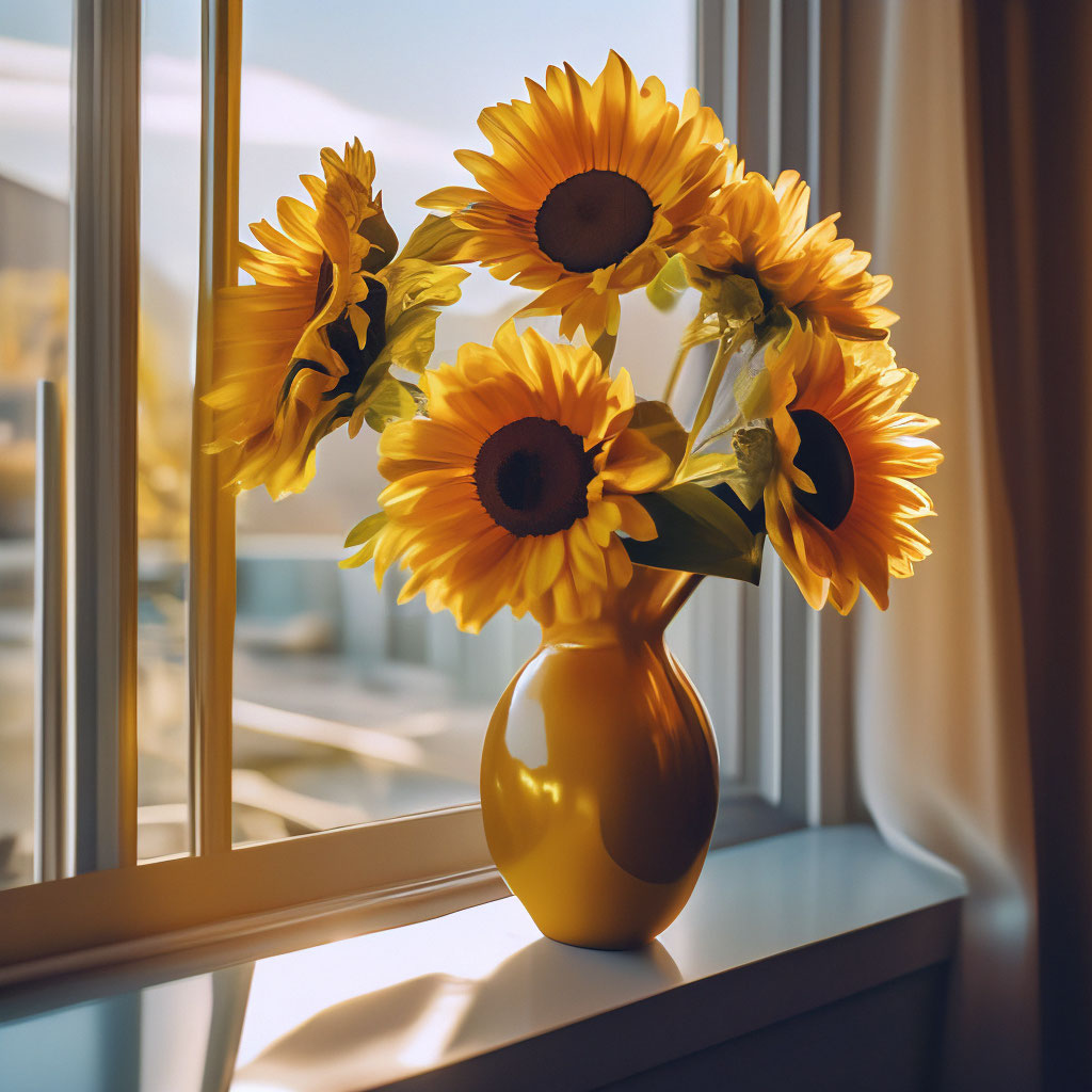 "Golden sunflowers in a beautiful vase, on the window, aesthetically ...