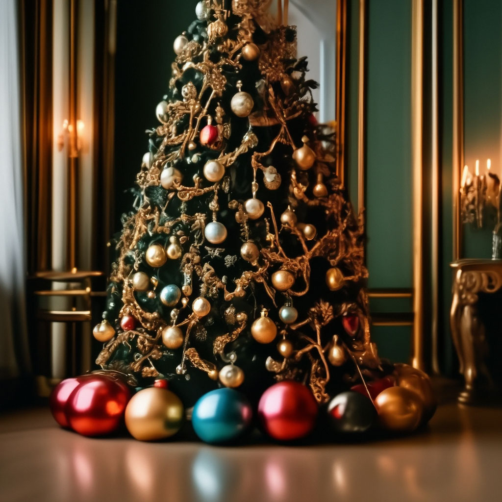 "Christmas tree decorated with bright Christmas tree garlands and ...