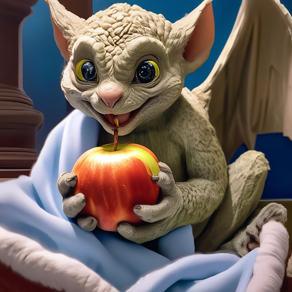 "A small domestic live gargoyle loves to eat an apple after a bath ...