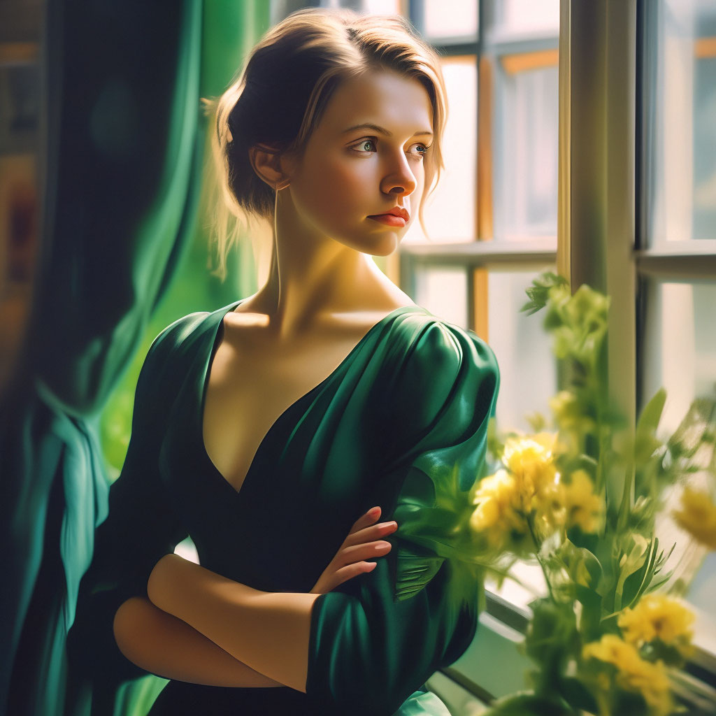 "A young beautiful woman in a dark green dress stands with her arms ...