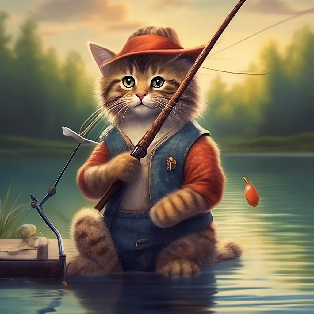 "A cat with a fishing rod on the lake." — image created in Shedevrum