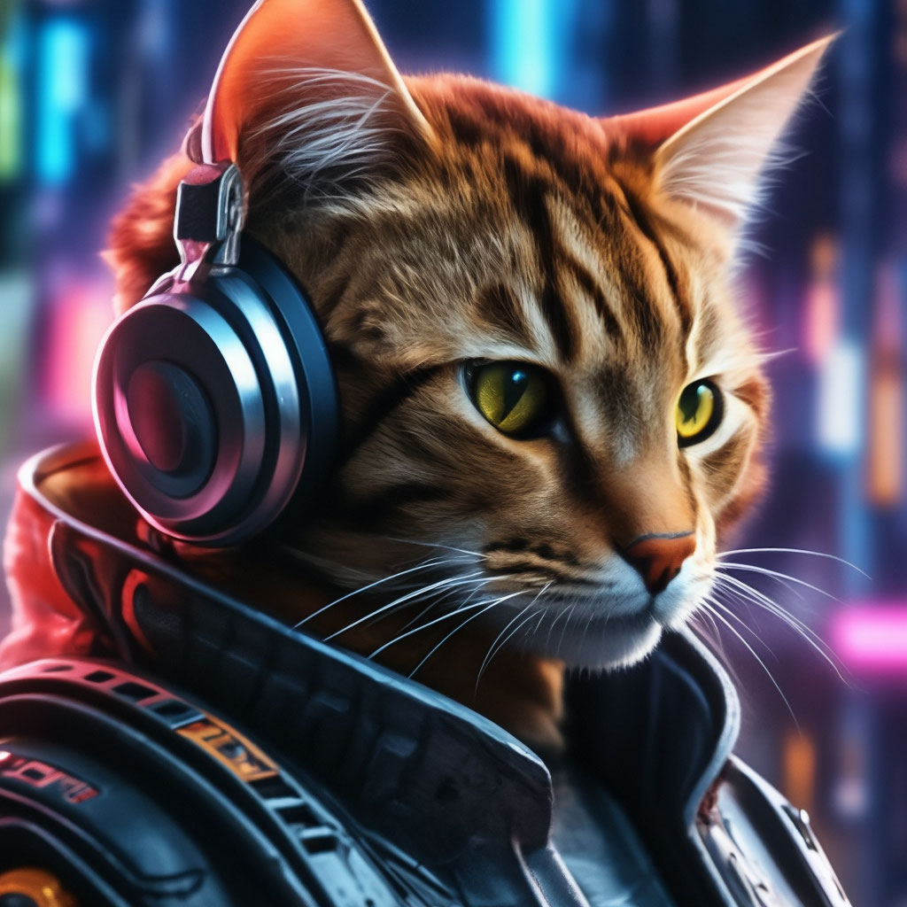 "A cat with a cyberpunk weapon in headphones" — image created in Shedevrum