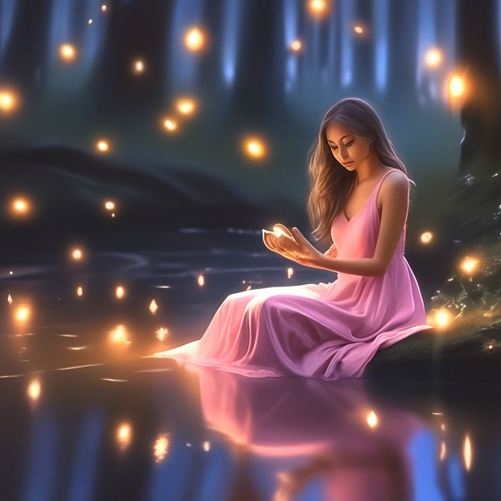 "A mysterious girl in a long pink dress is sitting in the forest by the ...