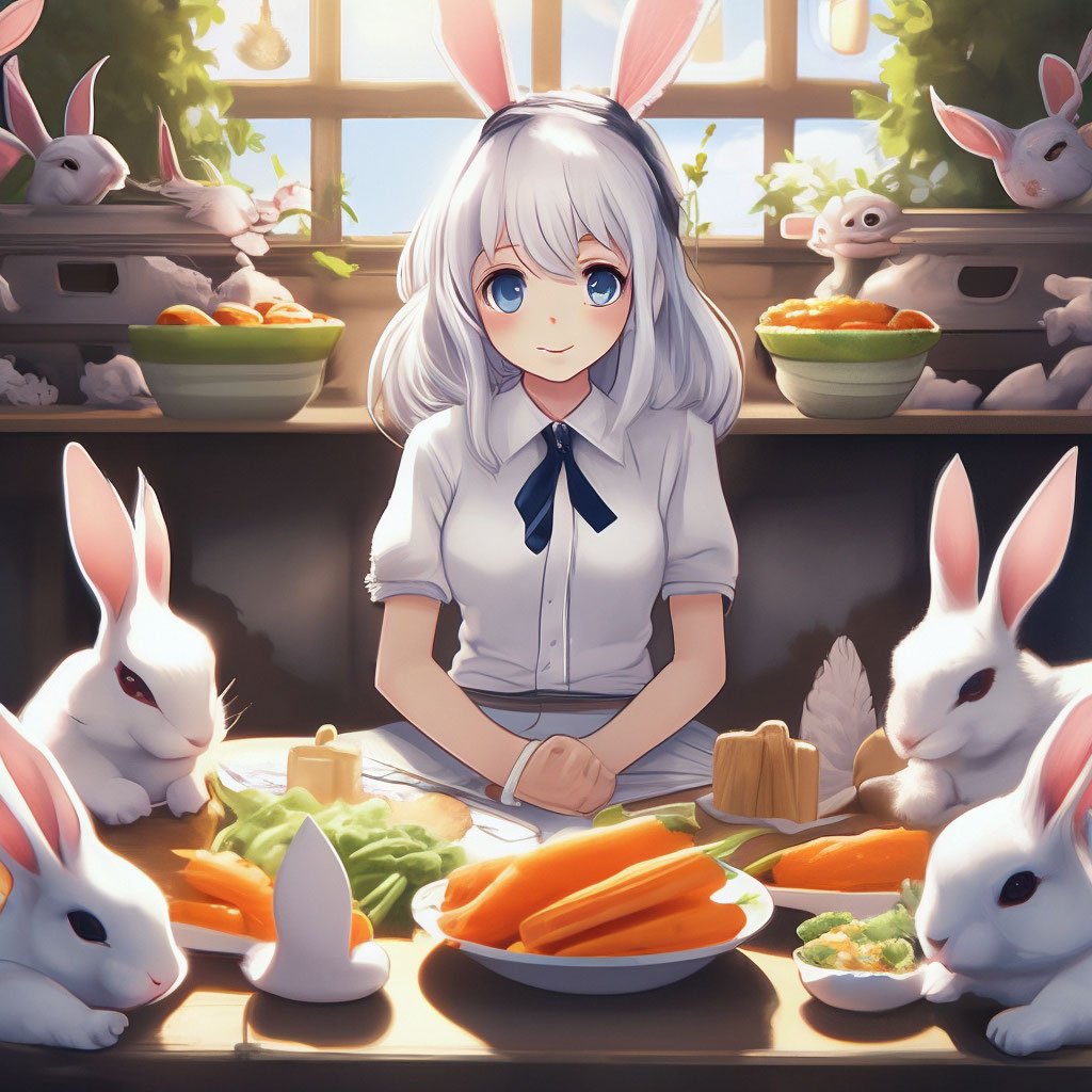 "An anime bunny girl in a white blouse and white hair is sitting at a ...