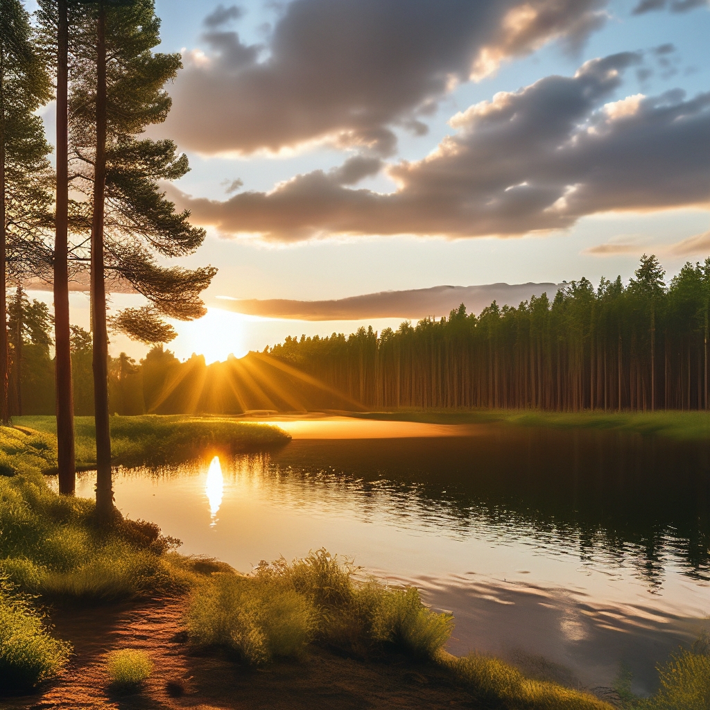 "Landscape, lake and pine forest, in the sky, beautiful sunset ...