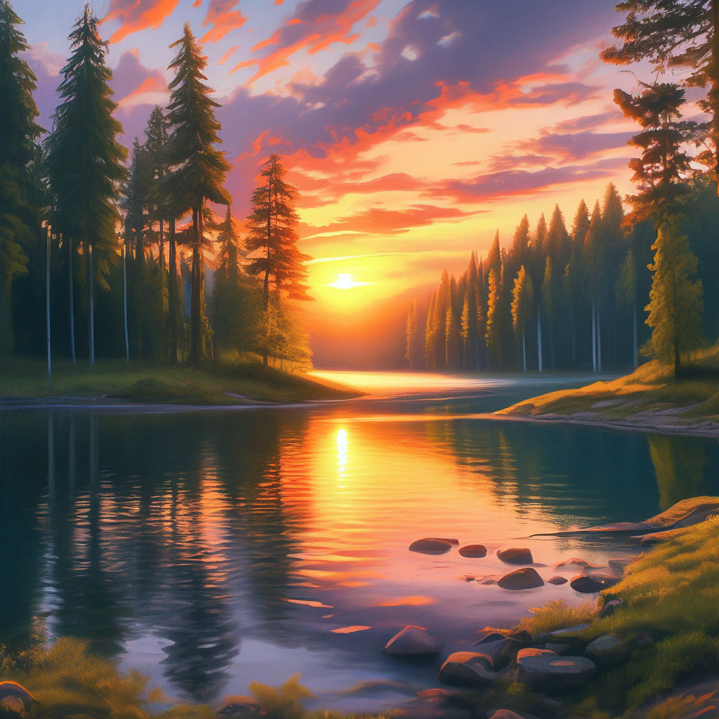 "Beautiful sunset over a forest lake" — image created in Shedevrum