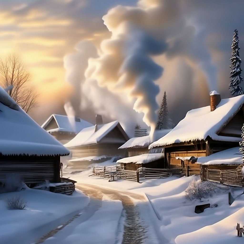 "Winter village in the Russian outback snow-covered houses smoke from ...