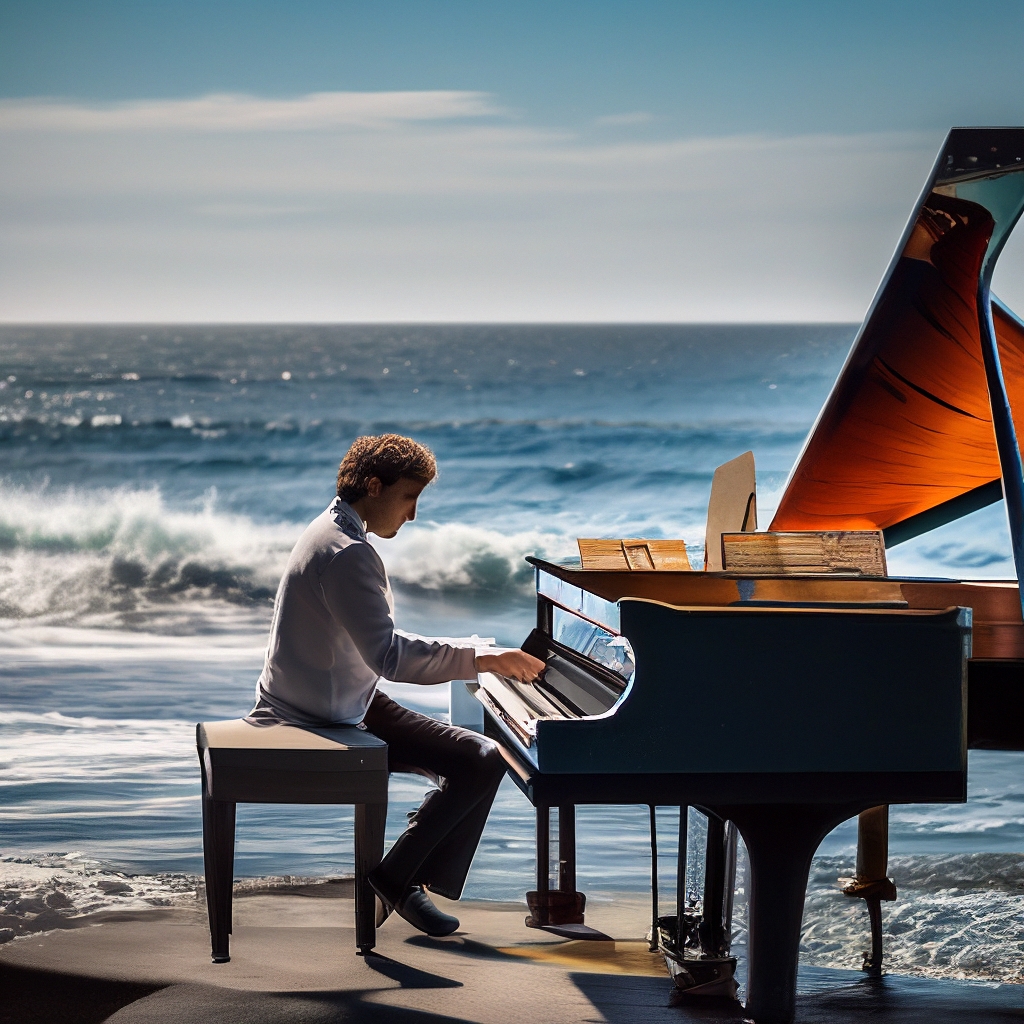 "A pianist plays by the sea" — image created in Shedevrum