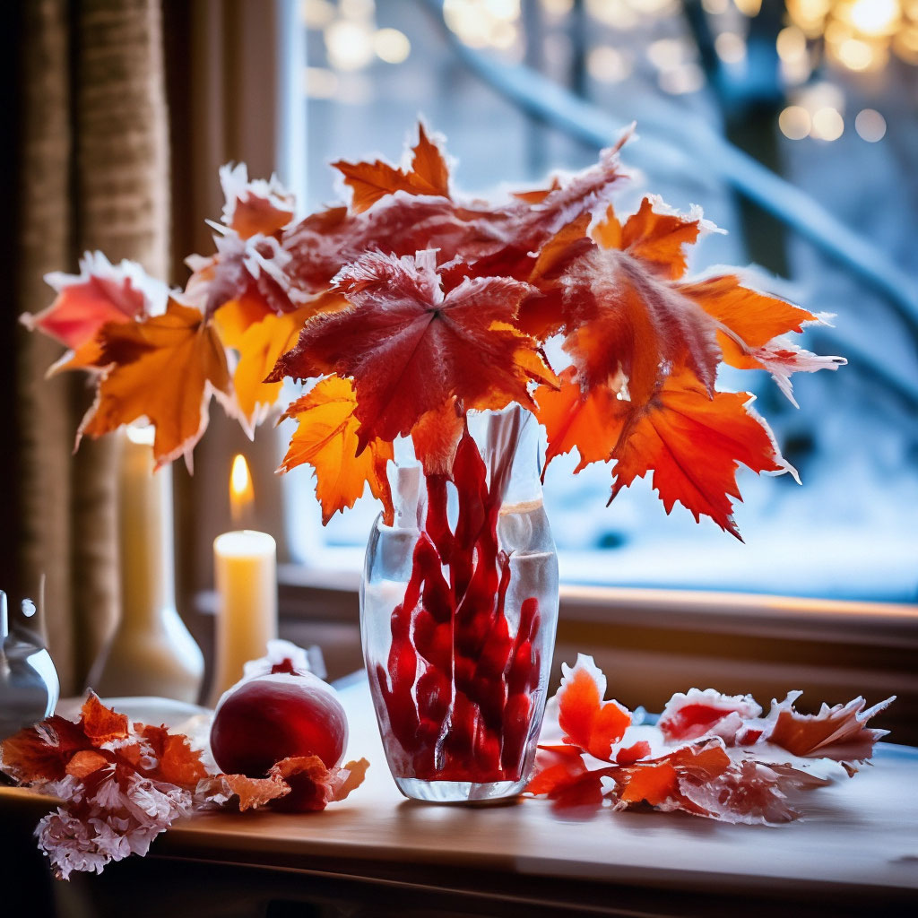 "Winter forest, frozen scarlet maple leaves in a vase on the table ...