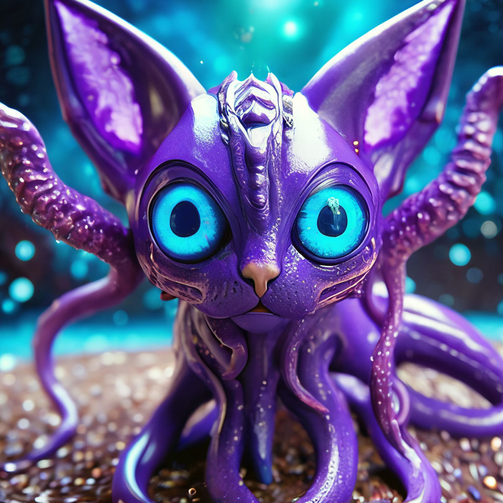 "A bright purple alien cat with blue eyes and large ears from the head ...