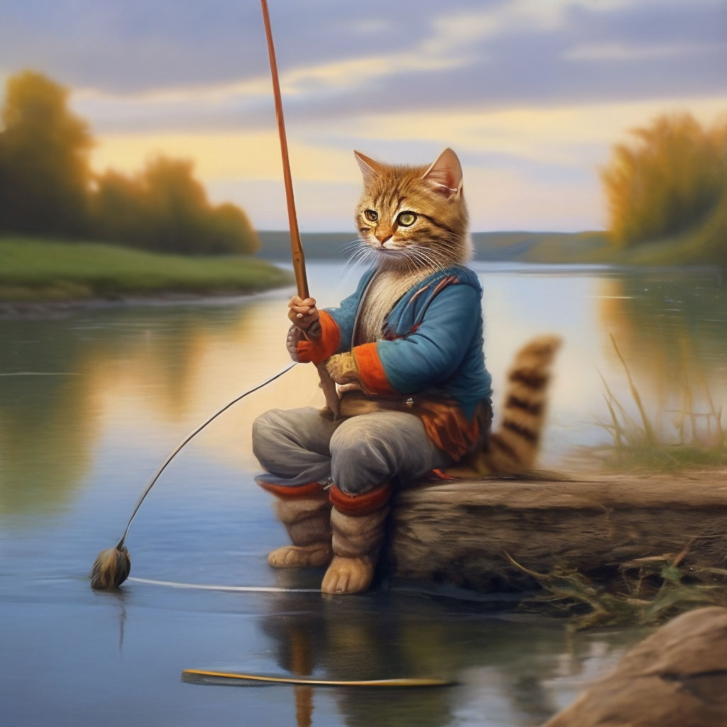 "The cat is sitting on the riverbank and fishing with a fishing rod ...
