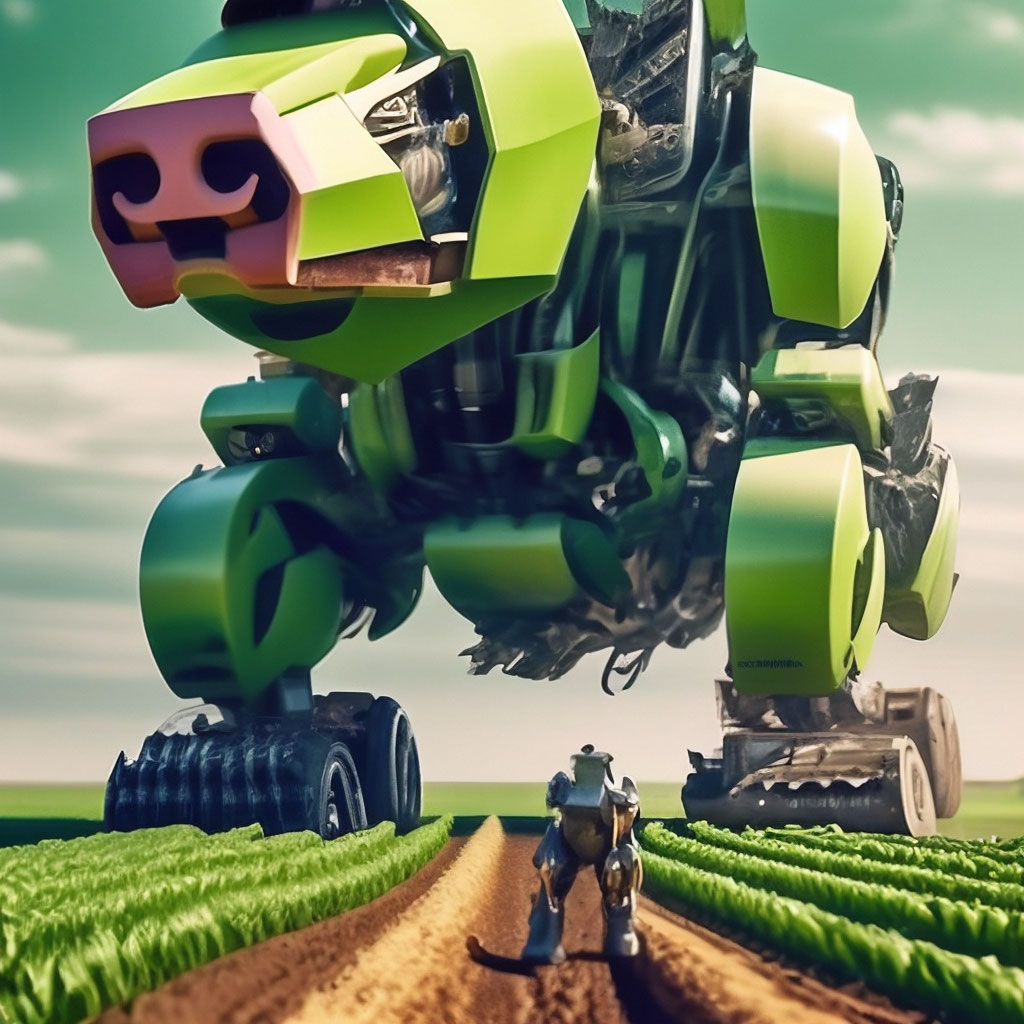 "Giant robot pig, a plow is aimed at it, on the background of a field ...