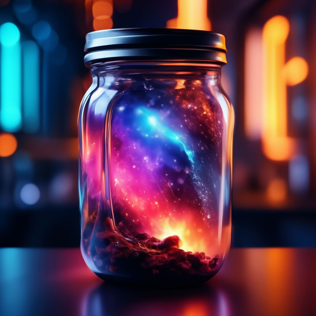 "Colorful universe in glas jar, neon, cinematic lighting" — image ...