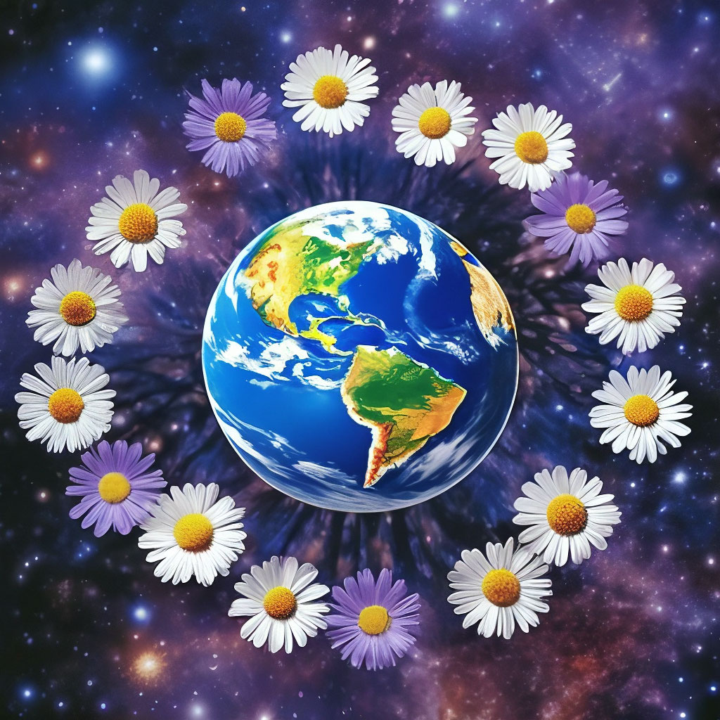 "A daisy in the center of which is the planet Earth" — image created in ...