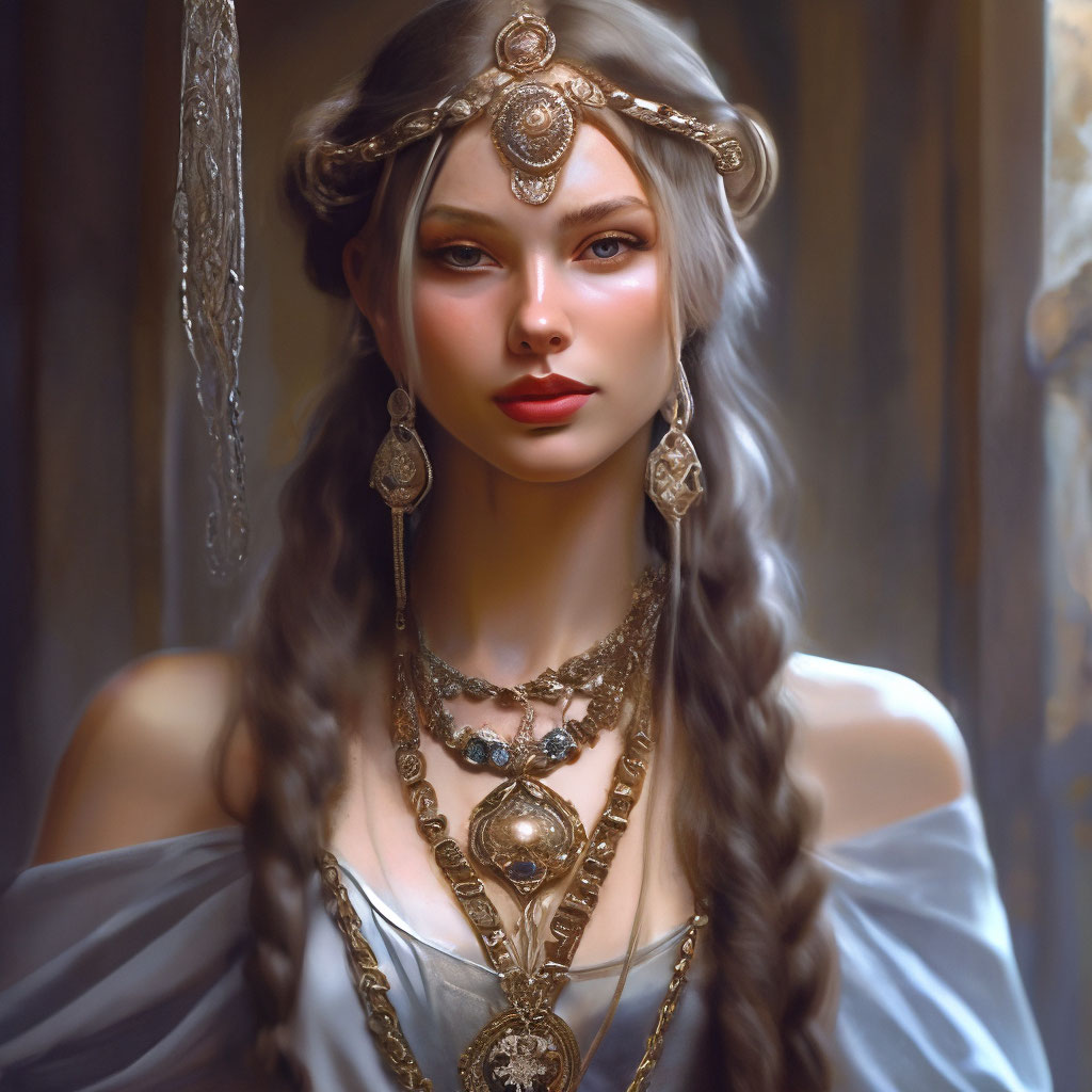 "A woman with long hair wearing a braid and a head piece with a chain ...