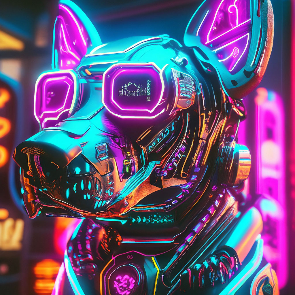 "Cyber dog cyberpunk close-up, neon lighting" — image created in Shedevrum