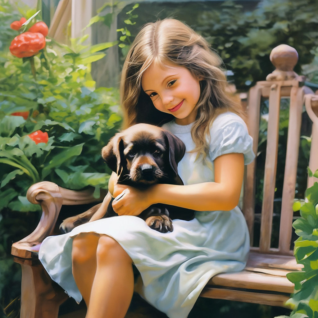 "A puppy in the arms of a girl, sitting on a bench in the garden ...