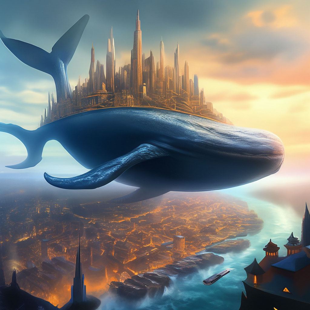 "A whale fish, and a whole city on the whale's back" — image created in ...