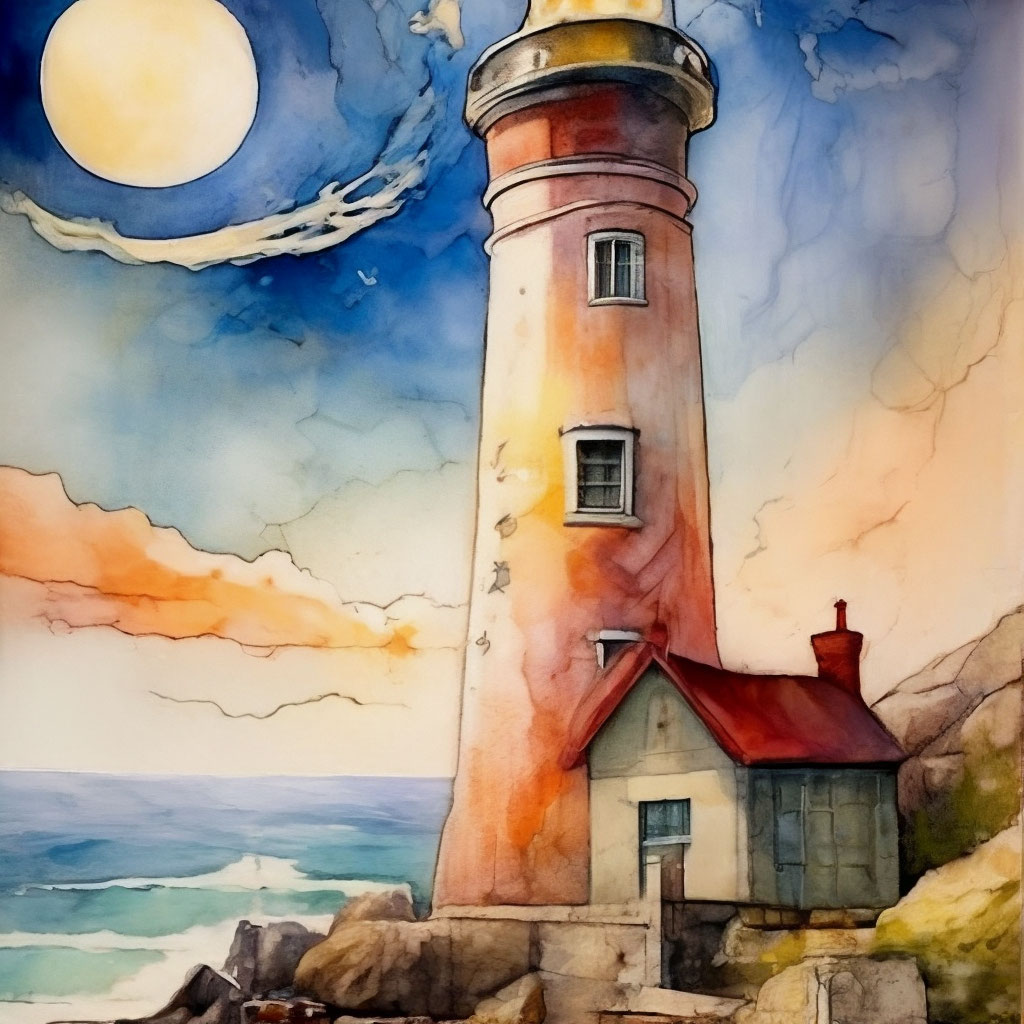 "Lighthouse, drawing, watercolor, ink drawing, volumetric watercolor ...