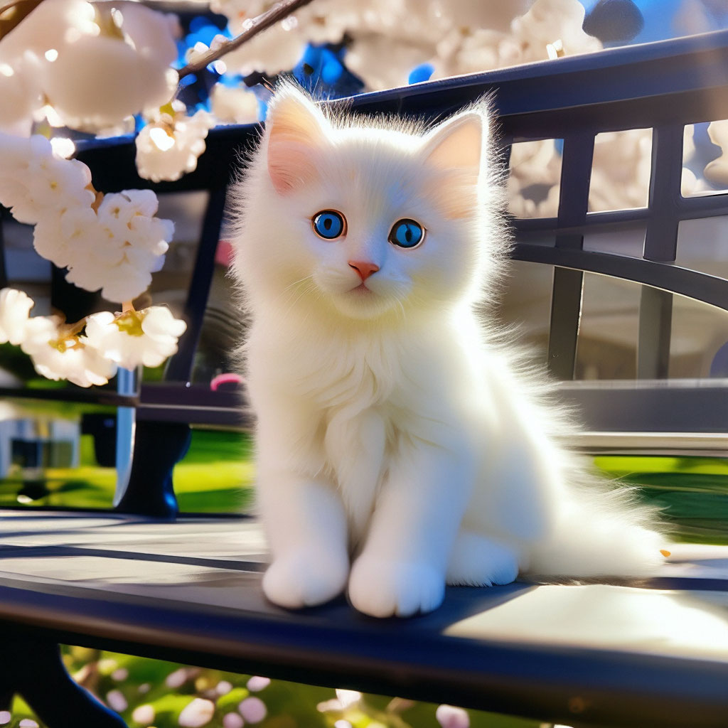"Cherry blossoms in the morning sun, a beautiful bench on it sits a ...