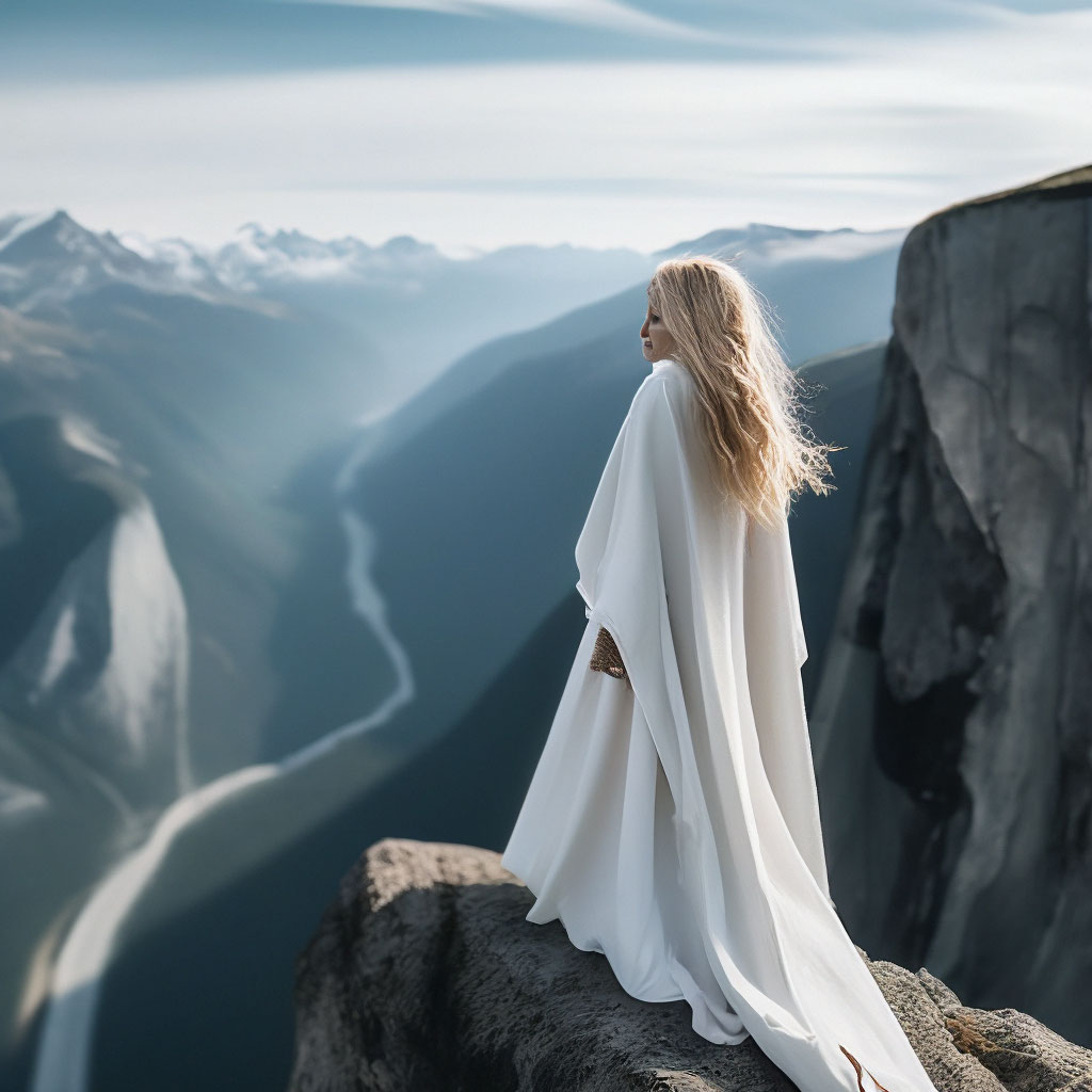 "A girl in a white cape with a hood with a long blond hair stands on ...