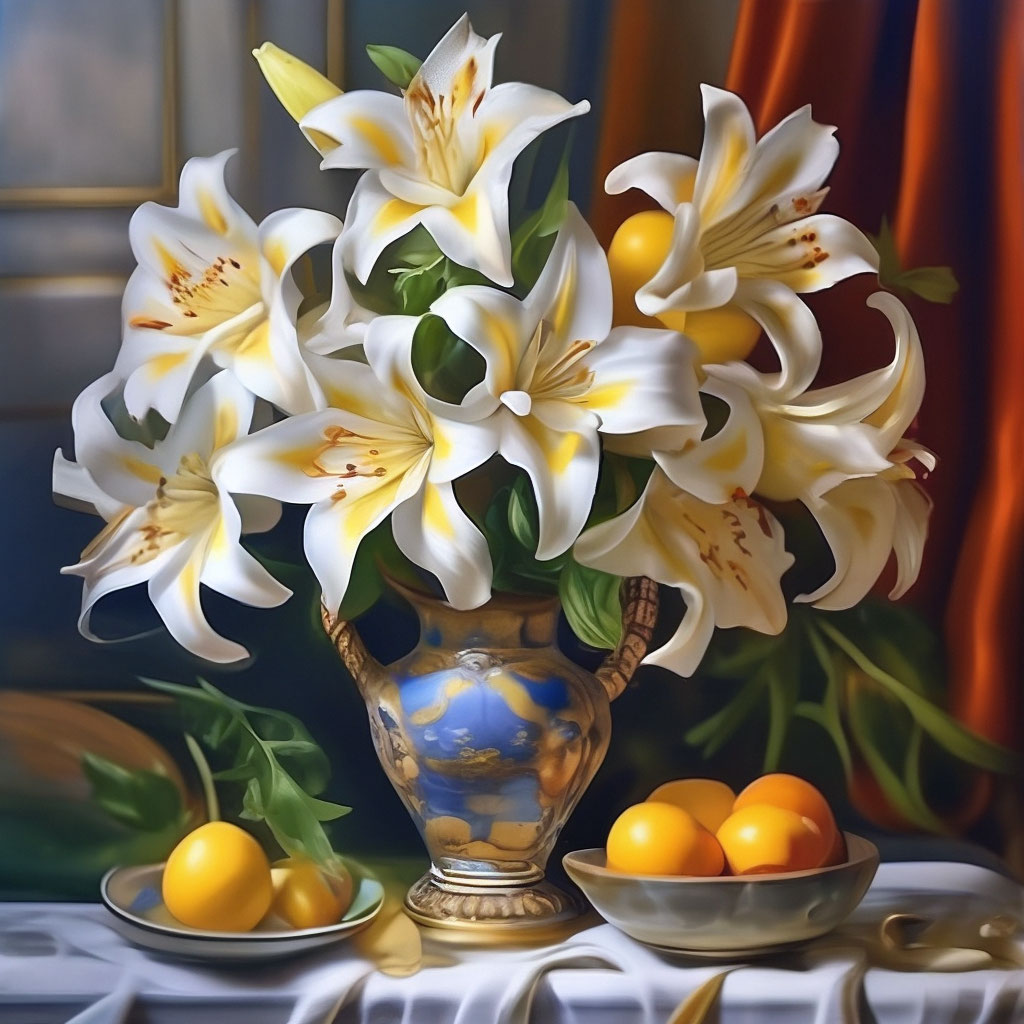 "A very beautiful bouquet of lush lilies stands in an antique vase on ...