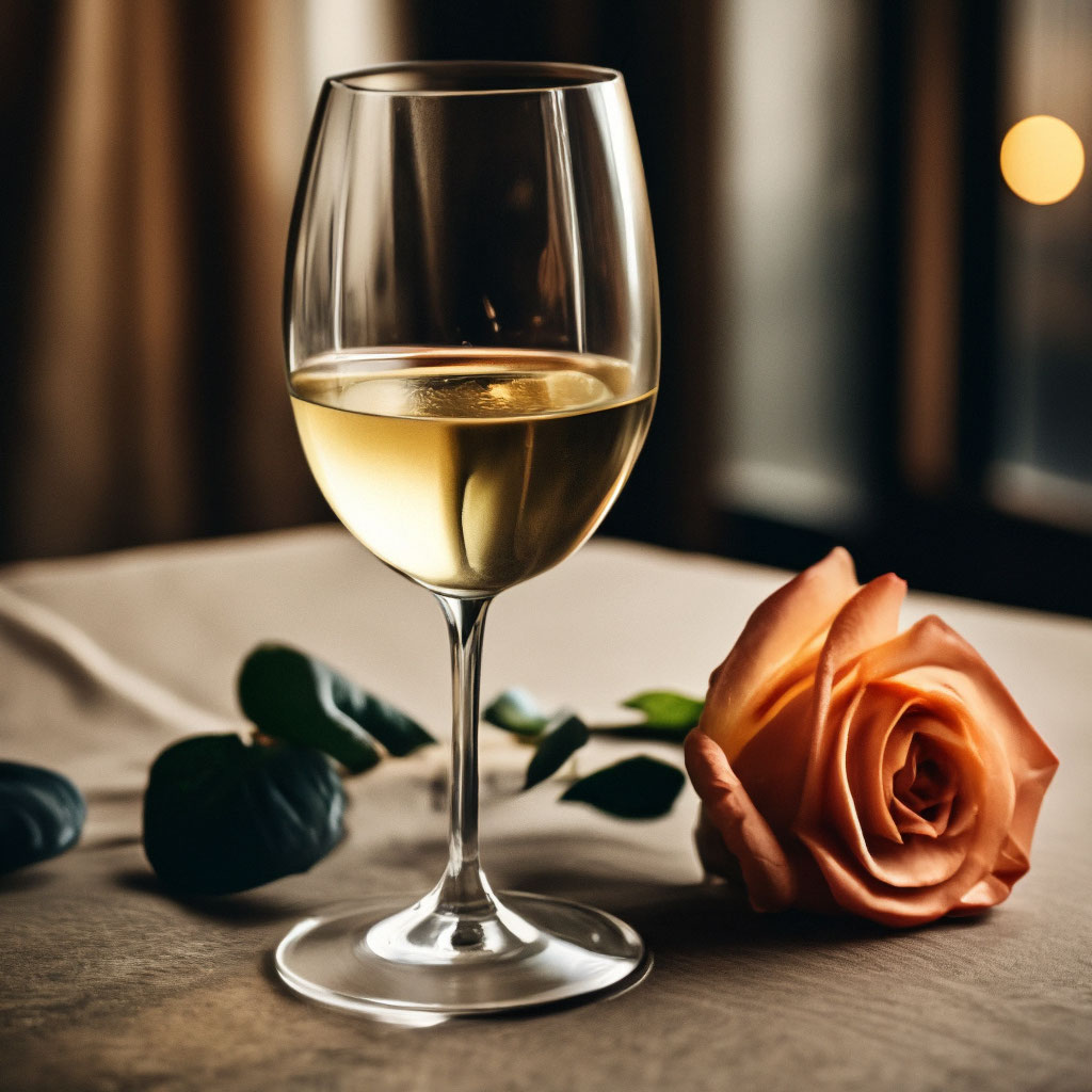 "Pension in a glass of white wine and a rose on the table" — image ...