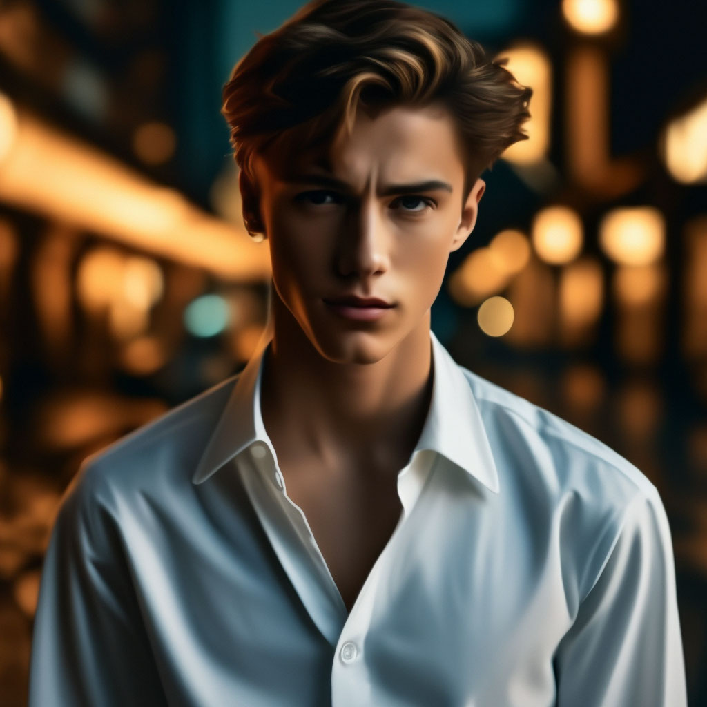 "A young handsome guy in a white shirt, the night, the atmosphere of an ...