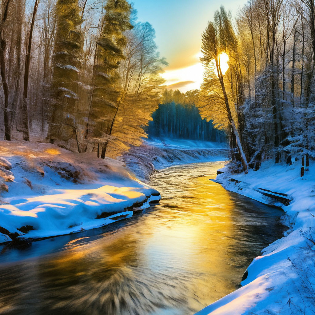 "💫 River in winter Photorealism. winding quiet river in the middle of a ...