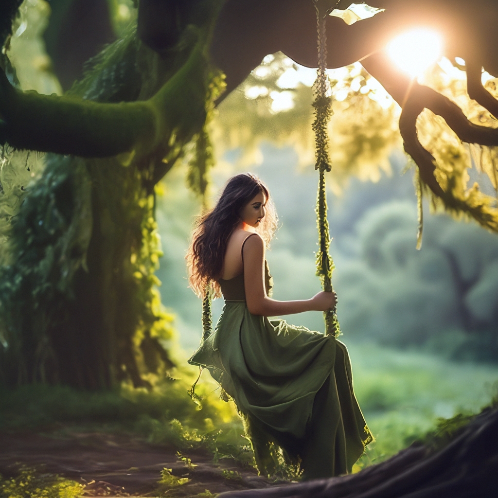 "An old oak tree in the forest, a dark-haired girl in a grass dress is ...