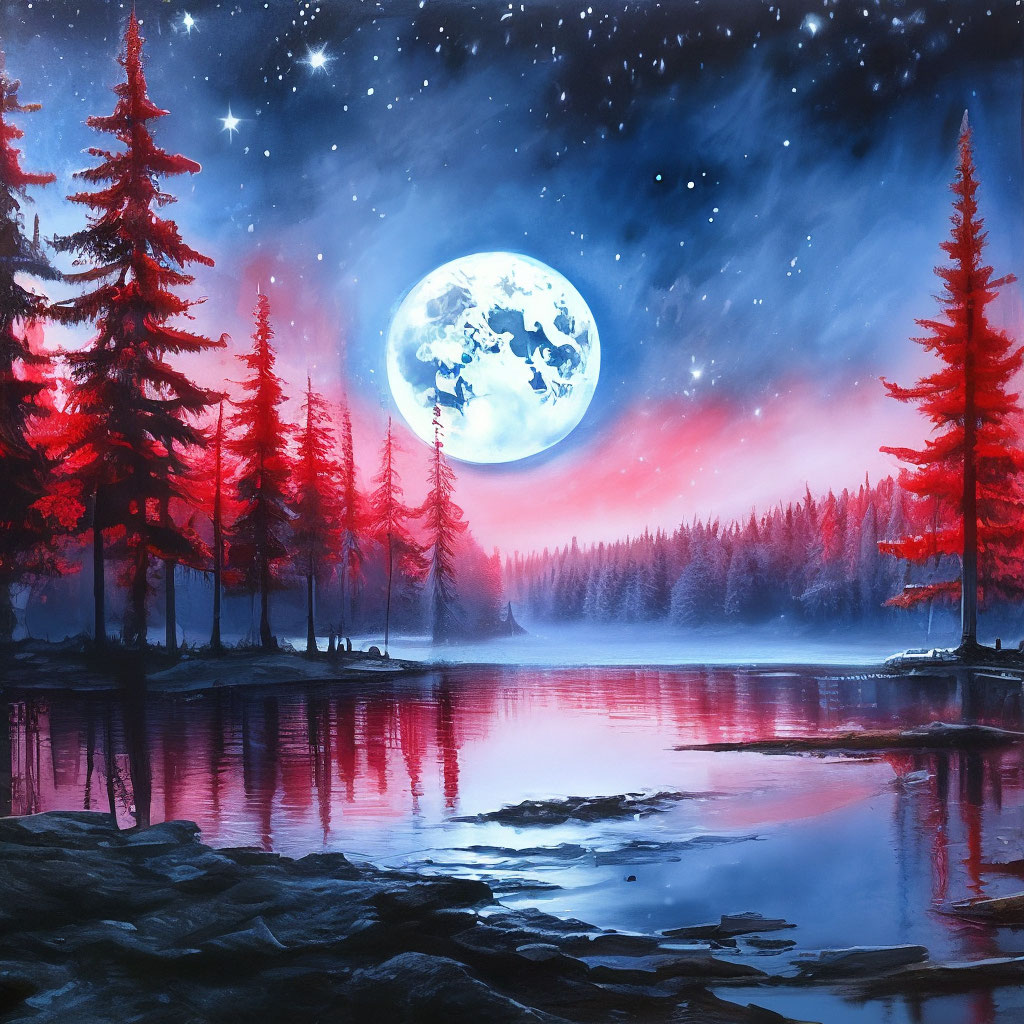 "The watercolor painting is huge red, the moon on the horizon of a lake ...