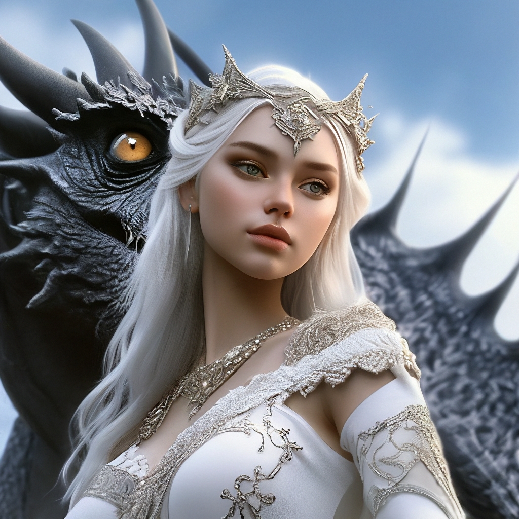 "An elven palace, a black dragon in the sky, a draconian girl next to ...