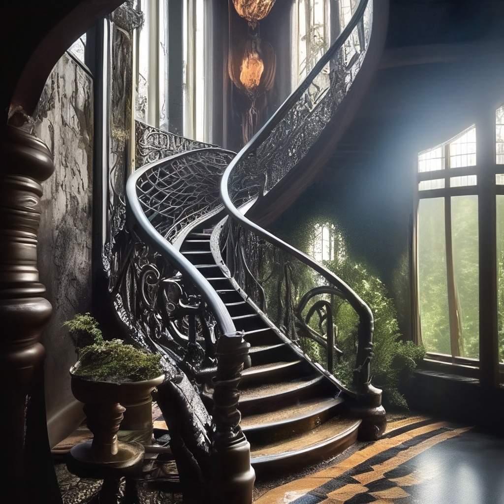 "Beautiful wrought iron staircase in the interior" — image created in ...