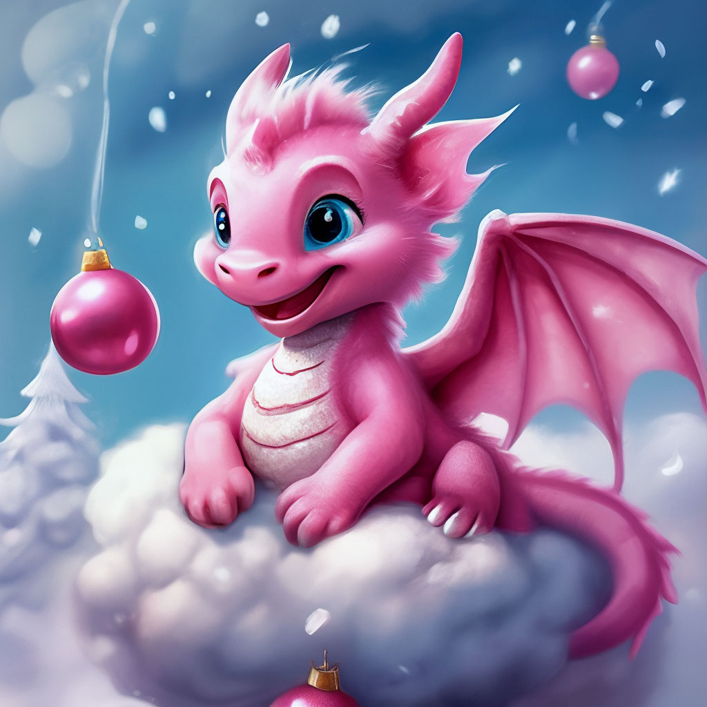 "Cute pink dragon sitting on a soft fluffy cloud,smile,Christmas tree ...