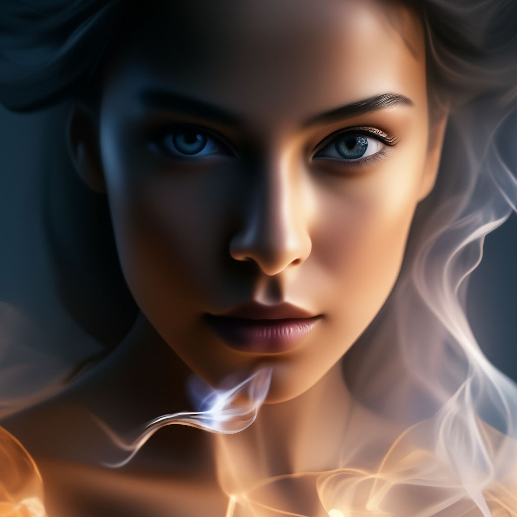 "Soul. a girl made of smoke and silk threads, fractal opal,luminescence ...