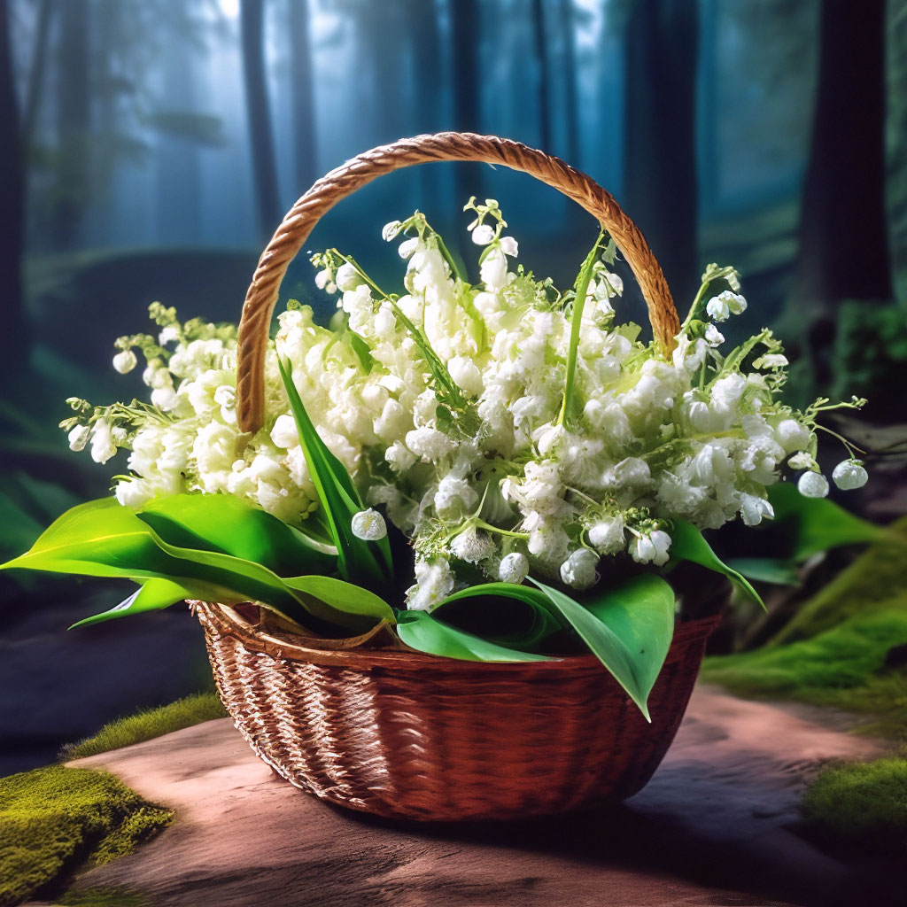"A wicker basket with a large bouquet of lilies of the valley. FullHD ...