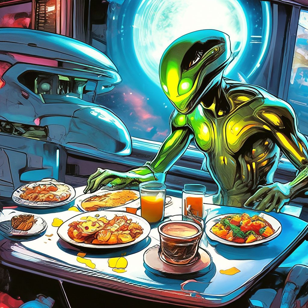 "Low-calorie breakfast from aliens" — image created in Shedevrum