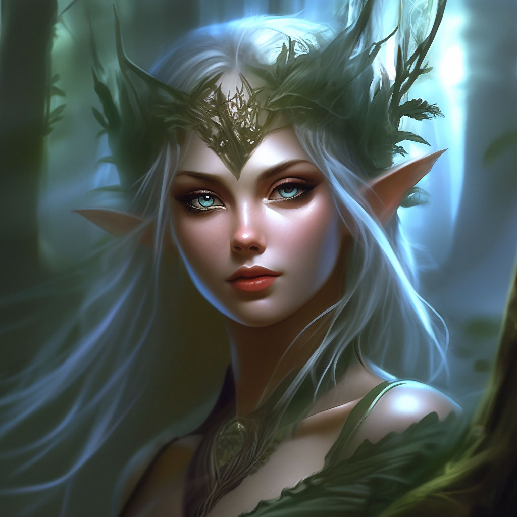 "A vivid and detailed portrait of a beautiful elf surrounded by her ...