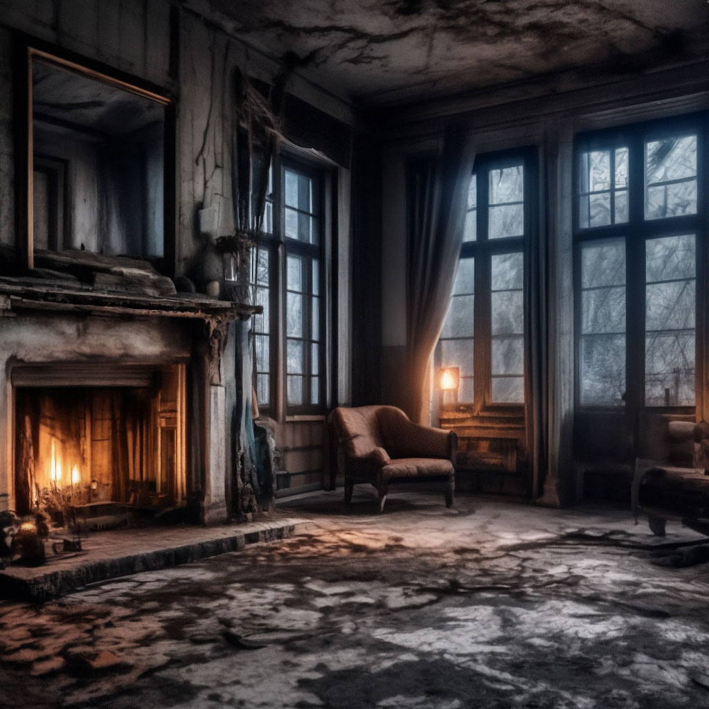 "Horror, interior design, abandoned victorian cottage, living room ...