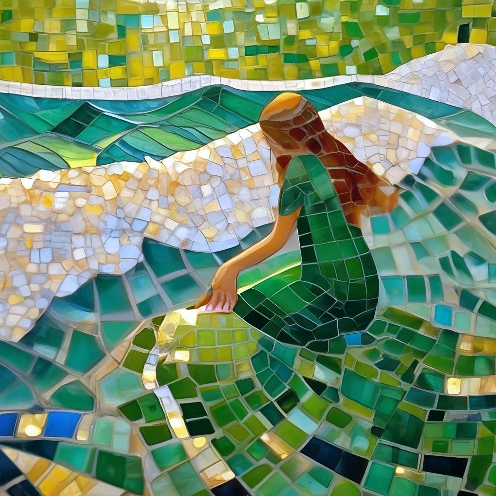 "Mosaic with the image of a girl on the seashore. the girl gives the ...