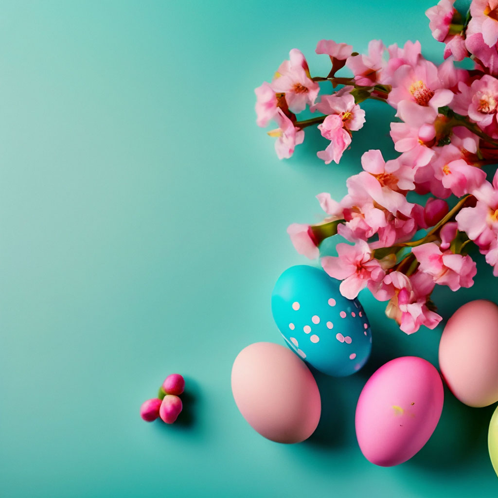 "Colorful Easter eggs and blooming pink flowers on light blue ...