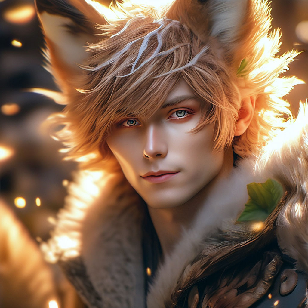 "Beautiful kitsune man, high detail, hair with a sharp hedgehog, fox ...