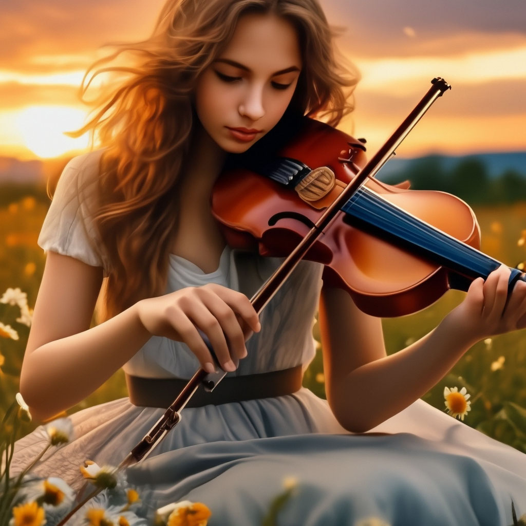 "The girl is sitting, playing the violin in the field,sunset,daisies ...
