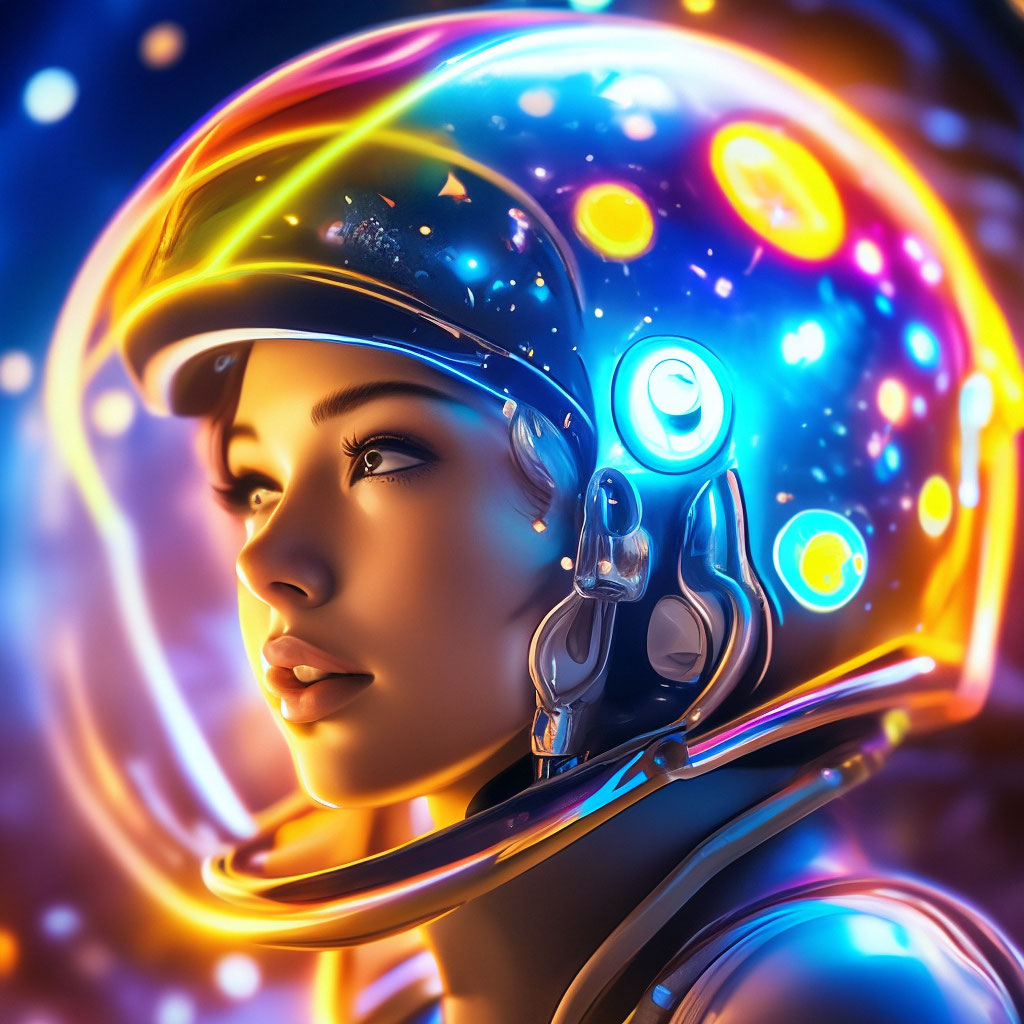 "Biorobot, alien girl, helmet on the head of colored stars and ...